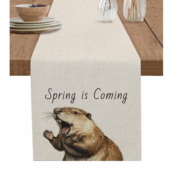 Happy Groundhog Day Burlap Cotton Table Runner 14x72 Inches Long, Spring Seasonal Holiday Brown Animal Farmhouse Table Runners, Outdoor Dining Tablecloths Decor for Baby Shower/Party/Wedding