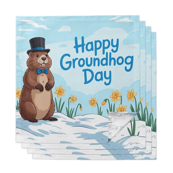 Happy Groundhog Day Cloth Napkins, Cartoon Cute Ground Hog Flowers Sky Blue Washable and Reusable Dinner Napkins Set of 4, Table Napkin for Kitchen Party Birthday Wedding Hotel Housewarming 20"x20"