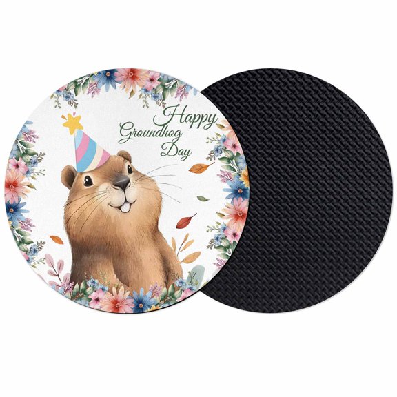Happy Groundhog Day Coasters Set of 2, Absorbent Coasters for Drinks, Cute Ground Rat Flower Bushes Leaves Coaster for Desk Coffee Table Protection, Home Decor House Warming Gifts 4"