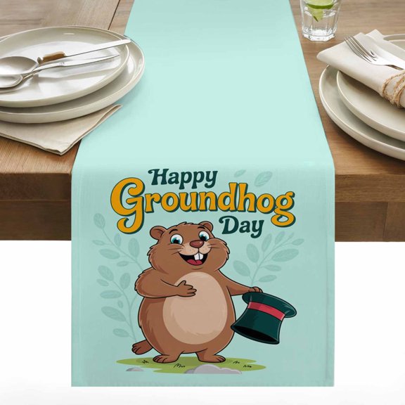 Happy Groundhog Day Cotton Linen Table Runner Cartoon Black Hat Groundhog Mint Green Dining Table Runners for Home Decor Party Dining Room Restaurant Kitchen 13" x 90"