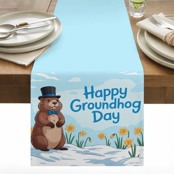 Happy Groundhog Day Cotton Linen Table Runner Cartoon Yellow Floral Blue Sky White Snow Dining Table Runners for Home Decor Party Dining Room Restaurant Kitchen 13" x 36"