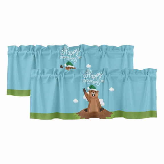 Happy Groundhog Day Curtain Valances for Windows, Kitchen Valance Window Treatments Panel 2 Pack, Cartoon Ground Hog Hole Blue Sky Country Rod Pocket Short Curtains for Bathroom Bedroom 42 x 12 Inch