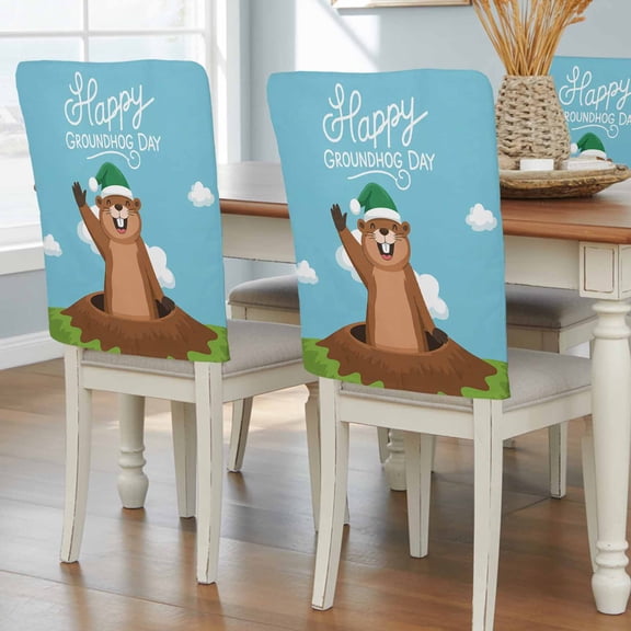Happy Groundhog Day Dining Chair Back Cover Only, Cartoon Green Hat Groundhog Blue Sky Set of 4 Chair Back Covers, Removable Washable for Dining Room, Banquet & Holiday Decoration