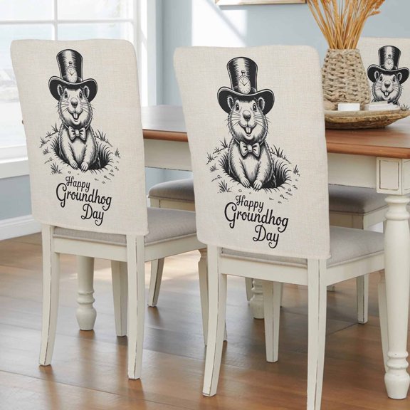Happy Groundhog Day Dining Chair Back Cover Only, Hand-Painting Black White Groundhog Linen Texture Set of 4 Chair Back Covers, Removable Washable for Dining Room, Banquet & Holiday Decoration