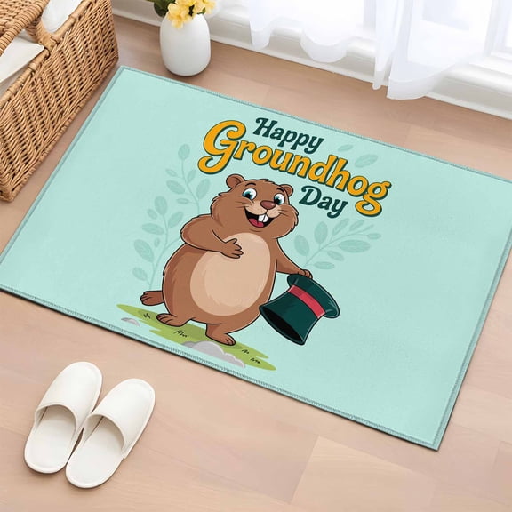 Happy Groundhog Day Entryway Rug 2'x3' Non Slip Front Door Mats, Green Hat Spring Animals Mint Green Entrance Rugs Indoor Outdoor Carpet, Washable Floor Mats Small Area Rug for Bedroom Kitchen