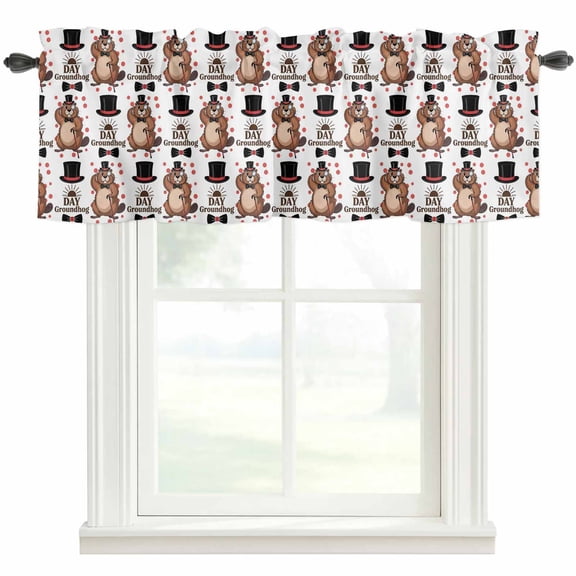 Happy Groundhog Day Farmhouse Short Window Curtain Valances, Vintage Cartoon Black Hat Groundhog Rod Pocket Kitchen Valances for Living Room Bedroom Bathroom Cafe 42" x 12"