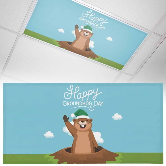 Happy Groundhog Day Fluorescent Light Covers Cartoon Green Hat Groundhog Blue Sky Magnetic Light Filters Ceiling Lighting Panel Shade for Classroom Office Home 2 x 4 ft, 1 Pack