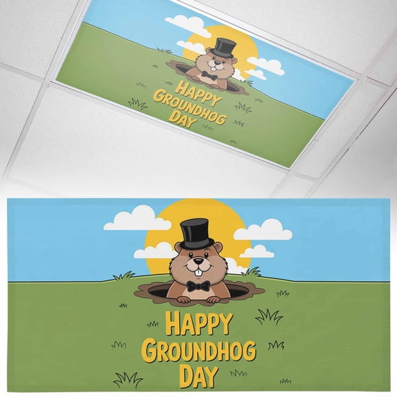 Happy Groundhog Day Fluorescent Light Covers Cartoon Groundhog Hole Grass Blue Sky Sun Magnetic Light Filters Ceiling Lighting Panel Shade for Classroom Office Home 2 x 4 ft, 1 Pack
