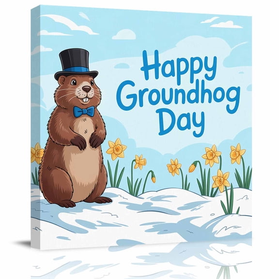 Happy Groundhog Day Framed Canvas Wall Art, Cartoon Yellow Floral Blue Sky White Snow Wall Art Painting for Living Room Bedroom Home Decor, 28”x28”, Office Artwork Print