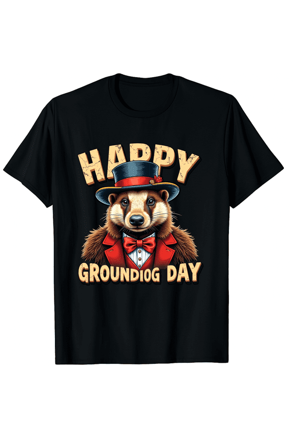 Happy Groundhog Day Ground Hog With Hat Men Women Short Sleeve Graphic T-Shirt, Dapper Animal Holiday Tee