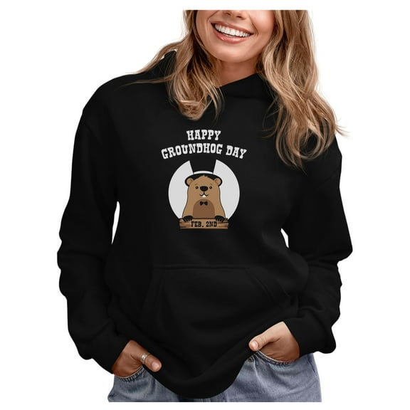 Happy Groundhog Day Hoodie Woodchuck Funny Women Hoodie Large Black
