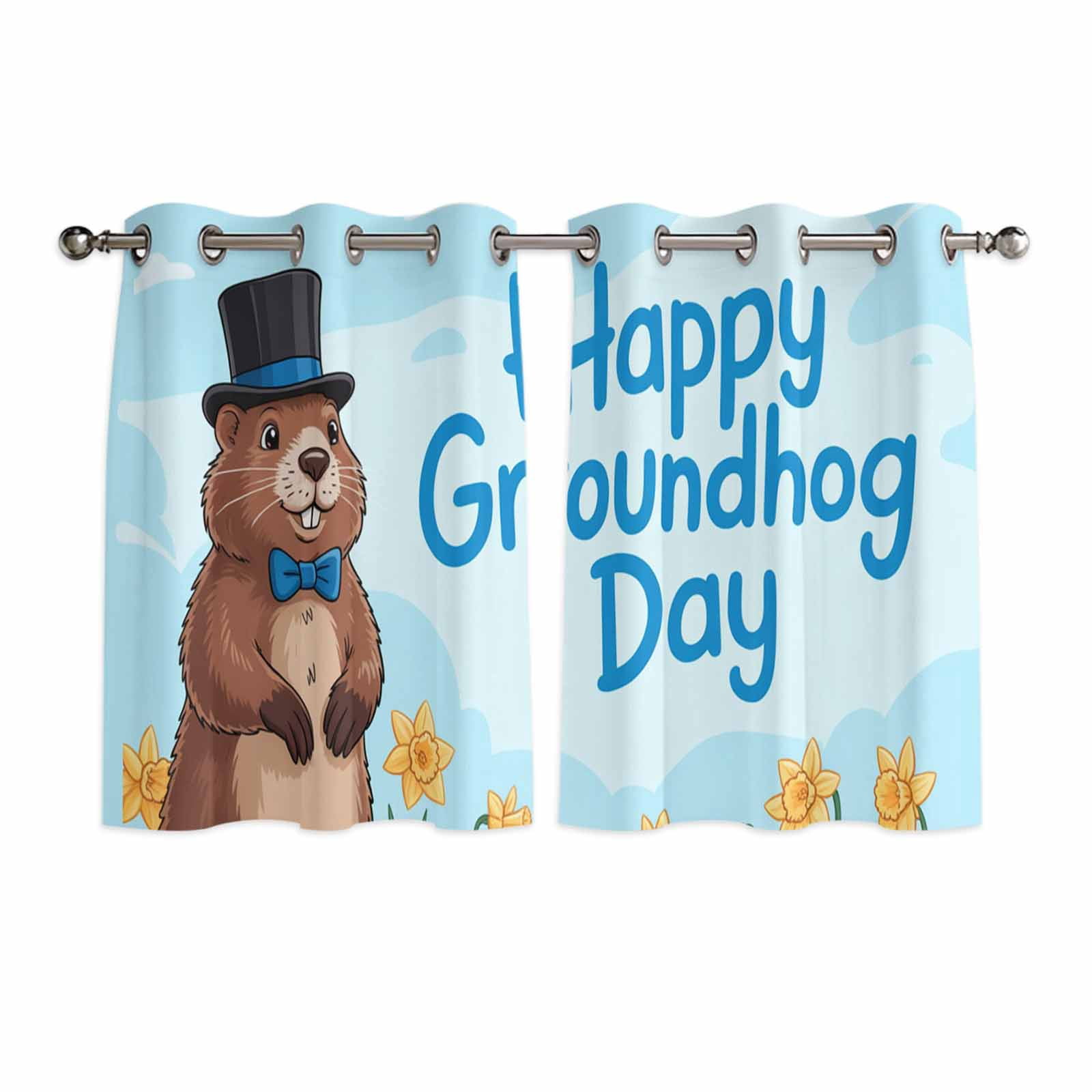 Hapy Rommet Happy Groundhog Day Kitchen Curtains Window Panels, Cartoon Cute Ground ...