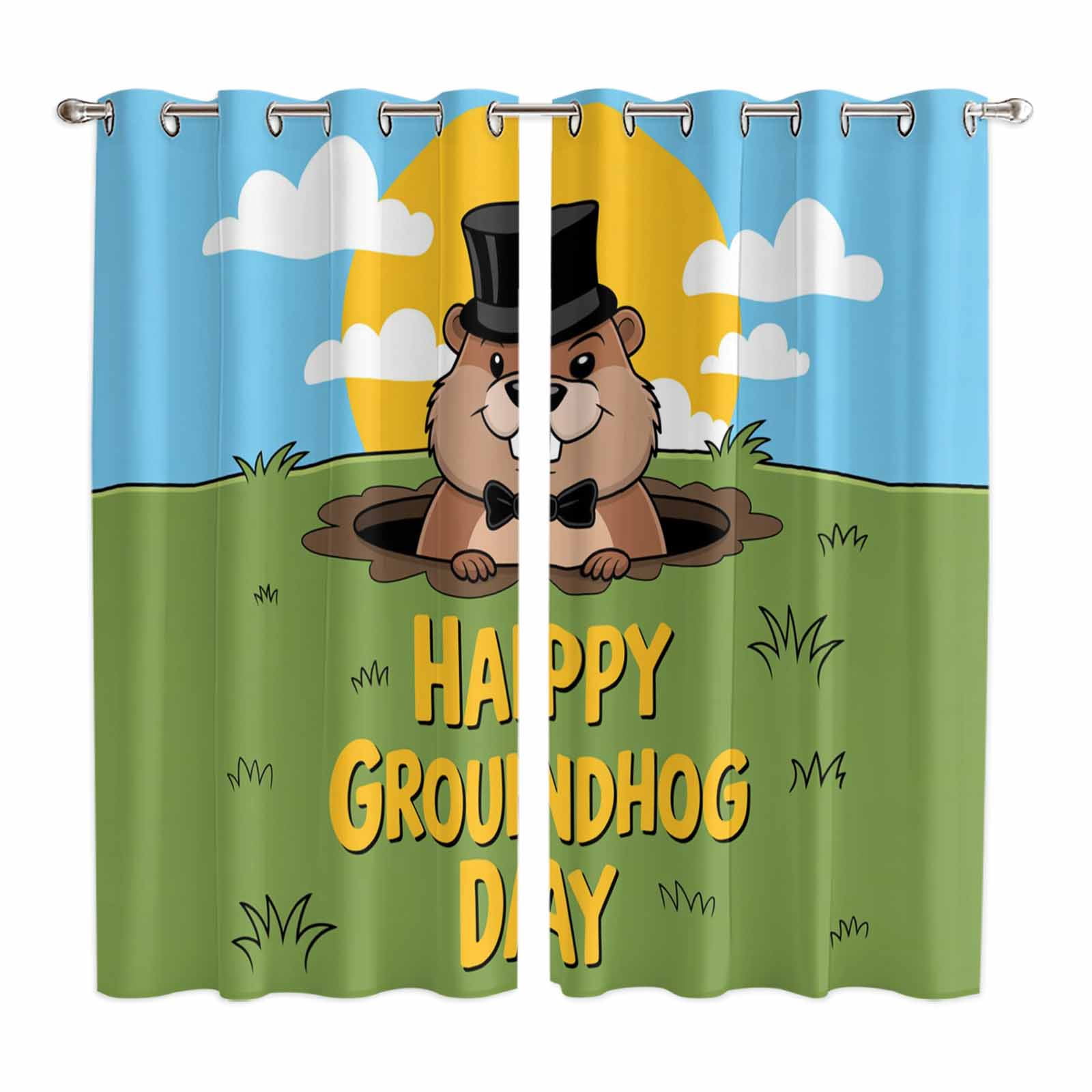 Hapy Rommet Happy Groundhog Day Kitchen Curtains Window Panels, Cartoon Ground Hog ...