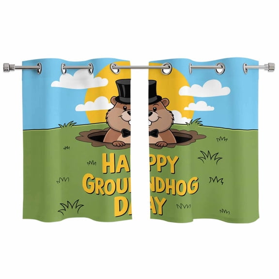 Happy Groundhog Day Kitchen Curtains Window Panels, Cartoon Ground Hog Grass Sun Sky Blue Insulated Window Treatment Curtain, Grommet Curtains for Bedroom/Living Room/Bathroom, 2 Piece 27.5"Wx39"L