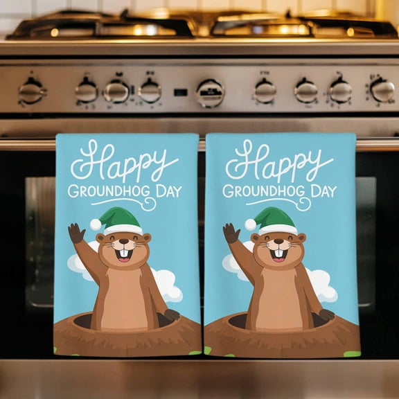 Happy Groundhog Day Kitchen Towels Set of 1, Cartoon Ground Hog Hole Blue Sky Country Absorbent Dish Towels for Kitchen, Microfiber Hand Towel, Quick Drying Tea Towel Decorative Dishcloths