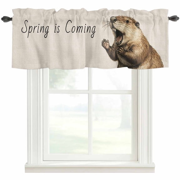 Happy Groundhog Day Kitchen Valances for Windows, Spring Seasonal Holiday Brown Animal Bathroom Window Valances 42x12 Inch Rod Pocket Window Treatments Valance Curtains for Living Room Bedroom Decor