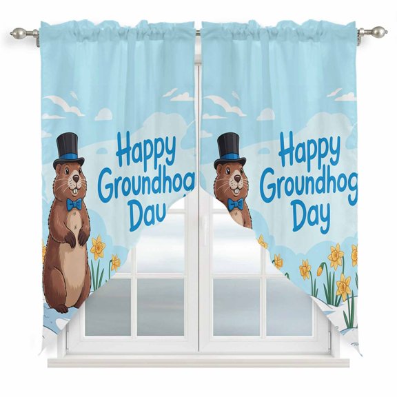 Happy Groundhog Day Kitchen Window Curtains, Swag Curtains Valance for Bedroom Living Room Bathroom, Cartoon Cute Ground Hog Flowers Sky Blue Rod Pocket Window Curtain Block Drapes 2 Panels 36"x63"