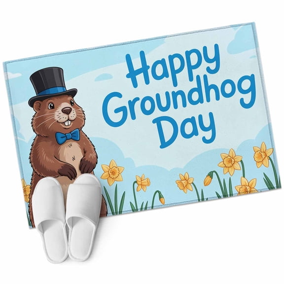 Happy Groundhog Day Large Area Rugs for Bedroom Living Room, Soft Non Slip Carpet Bedside Rug, Cartoon Cute Ground Hog Flowers Sky Blue Rectangular Floor Cover Kitchen Accent Rug 2'x3' for Office