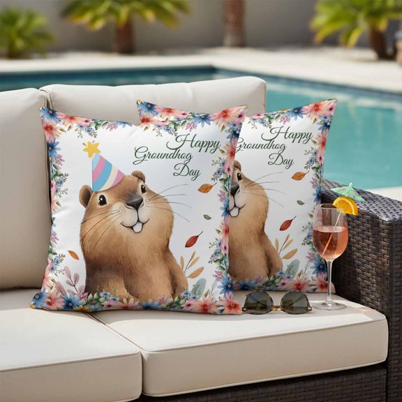 Happy Groundhog Day Outdoor Pillow Covers 16x16 Inch Throw Pillow Covers Set of 2 Waterproof Decorative Pillow Cases Cute Ground Rat Flower Bushes Leaves Cushion Covers for Patio Furniture Garden