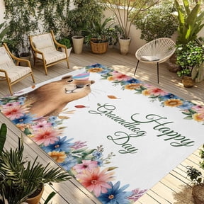 Happy Groundhog Day Outdoor Rug 3x5 Ft - Reversible Patio Rug Outdoor Camping Rugs, Cute Ground Rat Flower Bushes Leaves Indoor Outdoor Area Rugs, Non-Slip Outdoor Carpet Runner for Deck/Porch