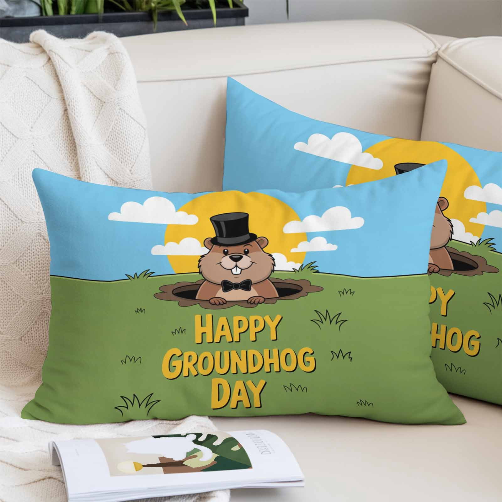 Happy Groundhog Day Pillow Covers 24"x36", Cartoon Ground Hog Grass Sun ...