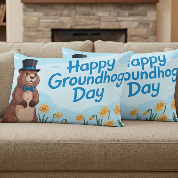 Happy Groundhog Day Pillow Covers Set of 2, Cartoon Yellow Floral Blue Sky White Snow 12x20 Inch Decorative Throw Pillow Covers Soft Pillowcases with Zipper for Couch Sofa Bed Chair