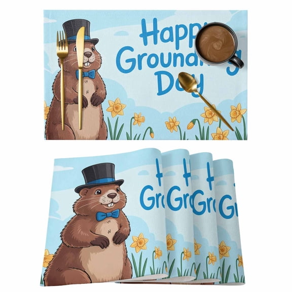 Happy Groundhog Day Placemats Set of 4, Cartoon Cute Ground Hog Flowers Sky Blue Placemats for Dining Table, Place Mats for Kitchen Tabletop, Waterproof Wipeable Dining Table Mats Set