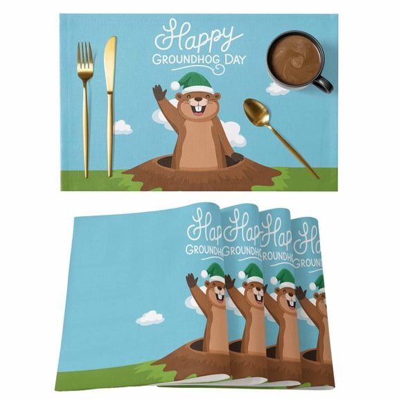 Happy Groundhog Day Placemats Set of 4, Cartoon Ground Hog Hole Blue Sky Country Placemats for Dining Table, Place Mats for Kitchen Tabletop, Waterproof Wipeable Dining Table Mats Set