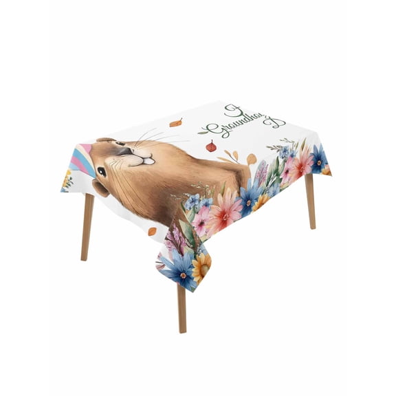 Happy Groundhog Day Rectangle Tablecloth, Cute Ground Rat Flower Bushes Leaves Waterproof & StainResistant Tablecloth, Washable Oil-proof Table Cover for Dining/Party/Wedding/Camping/Buffet 52x70 In
