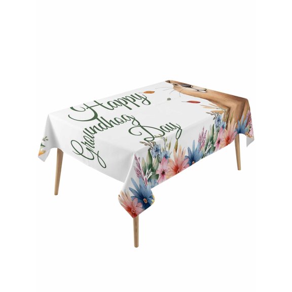 Happy Groundhog Day Rectangle Tablecloth, Cute Ground Rat Flower Bushes Leaves Waterproof & StainResistant Tablecloth, Washable Oil-proof Table Cover for Dining/Party/Wedding/Camping/Buffet 54x108 In