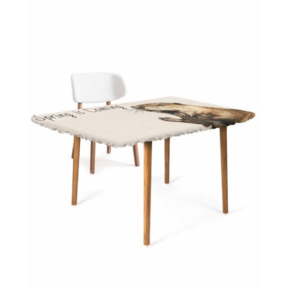 Happy Groundhog Day Rectangle Tablecloth, Waterproof Elastic Fitted Table Covers for 6 Foot Tables, 32x72inch Decorative Tablecloths for Picnic, Camping, Outdoor, Spring Seasonal Holiday Brown Animal