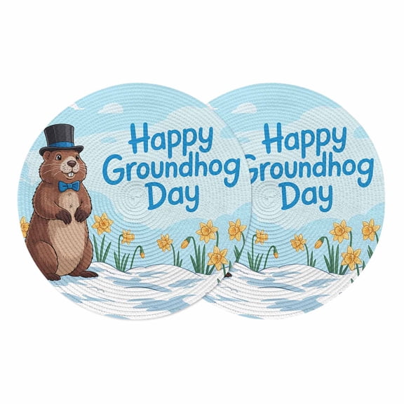 Happy Groundhog Day Round 13 Inch Placemats Set of 2, Cartoon Cute Ground Hog Flowers Sky Blue HeatResistant Non Slip Place Mats for Dining Table, Wipeable Braided Kitchen Table Mats for Housewarming
