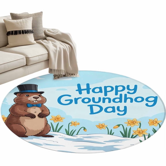 Happy Groundhog Day Round Area Rugs Collection 3', Cartoon Cute Ground Hog Flowers Sky Blue Non Slip Indoor Circular Throw Runner Rug Floor Mat Carpet for Living Room Dining Table Bedroom Nursery