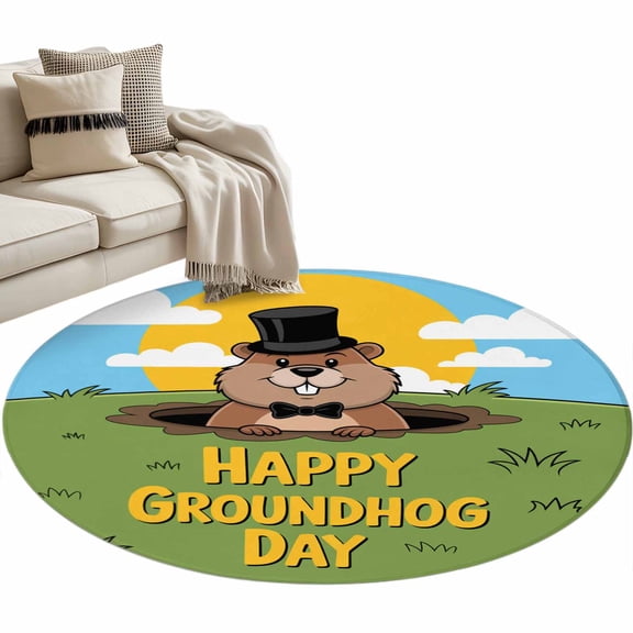 Happy Groundhog Day Round Area Rugs Collection 3', Cartoon Ground Hog Grass Sun Sky Blue Non Slip Indoor Circular Throw Runner Rug Floor Mat Carpet for Living Room Dining Table Bedroom Nursery