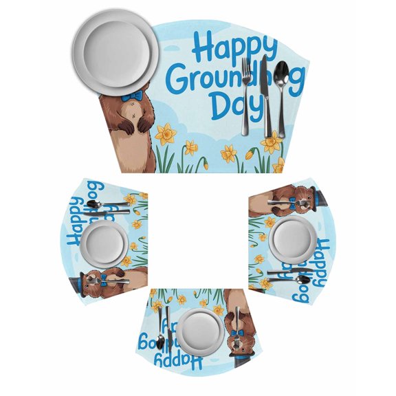 Happy Groundhog Day Round Table Placemats Set of 2 Wedge Placemats, Cartoon Cute Ground Hog Flowers Sky Blue Place Mats for Dining Table Set Washable Mats Kitchen Decor for Indoor Outdoor Wipe Clean