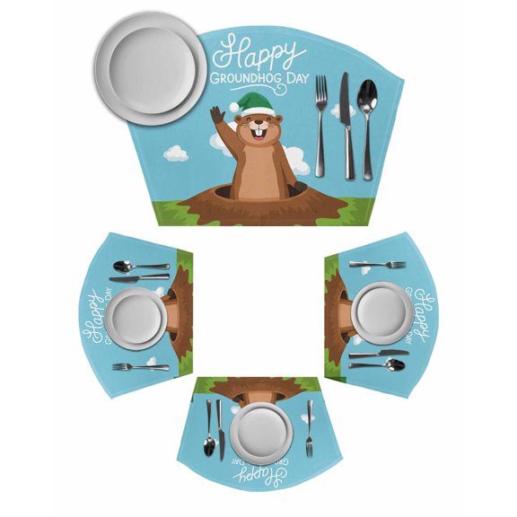 Happy Groundhog Day Round Table Placemats Set of 2 Wedge Placemats, Cartoon Ground Hog Hole Blue Sky Country Place Mats for Dining Table Set Washable Mats Kitchen Decor for Indoor Outdoor Wipe Clean
