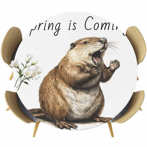 Happy Groundhog Day Round Tablecloth 45-54 Inch Round Fitted Table Cloth with Elastic Edge, February Spring Party Cute Animals Waterproof Table Cover Protector for Outdoor Picnic Party Dining