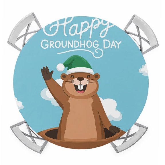 Happy Groundhog Day Round Tablecloth for 45-54 Inch Tables,Fitted Table Cover with Elastic Edge,Cartoon Ground Hog Hole Blue Sky Country Waterproof Outdoor Table Cloth Protector for Patio Dinner