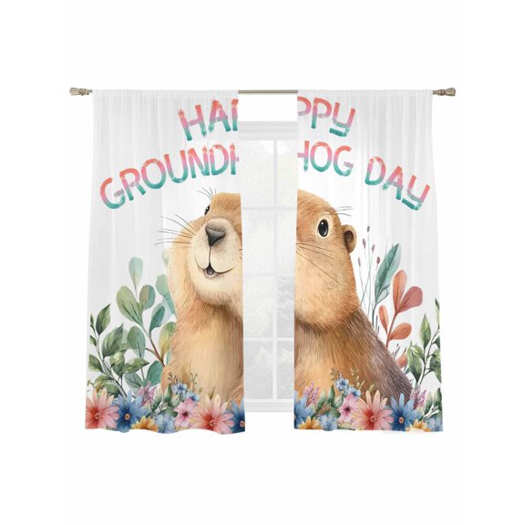 Happy Groundhog Day Sheer Curtains 2 Panels Set Watercolor Cute Ground Rat Flower Leaf Farmhouse Sheer Window Curtains Light Filtering Rod Pocket Voile Drapes for Bedroom Living Room 52"x63"