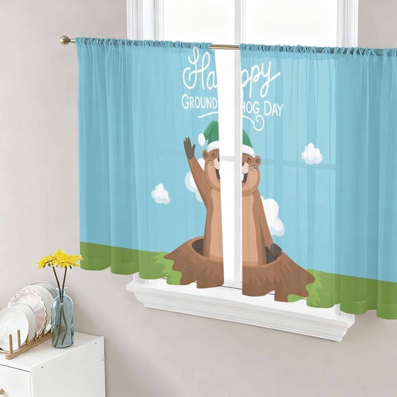 Happy Groundhog Day Sheer Curtains 45 Inch Length 2 Panels for Living Room, Cartoon Ground Hog Hole Blue Sky Country Voile Kitchen Curtain Set, Luxury Privacy Drapes Window Treatment for Bedroom