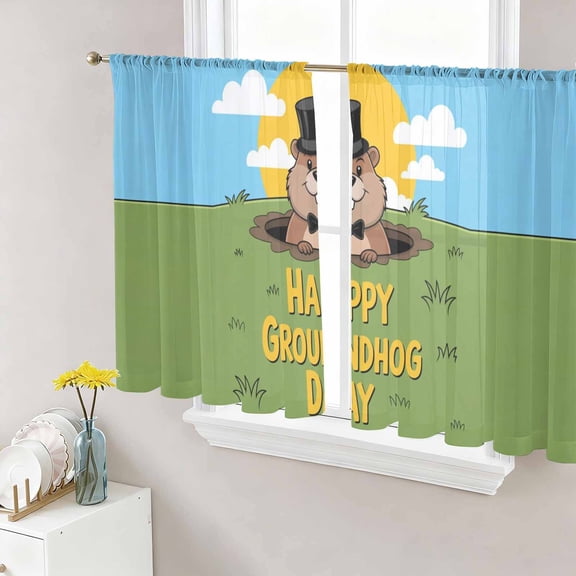 Happy Groundhog Day Sheer Curtains 45 Inch Length 2 Panels Set, Cartoon Ground Hog Grass Sun Sky Blue Voile Window Treatment Rod Pocket Small Kitchen Curtains Drapes for Bedroom 52"x45"x2