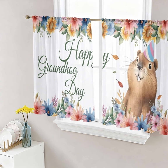 Happy Groundhog Day Sheer Curtains 45 Inch Length 2 Panels Set Window Treatments, Cute Ground Rat Flower Bushes Leaves Rod Pocket Semi Curtains for Living Room/Bedroom/Kitchen Décor, 104"W x 45"L