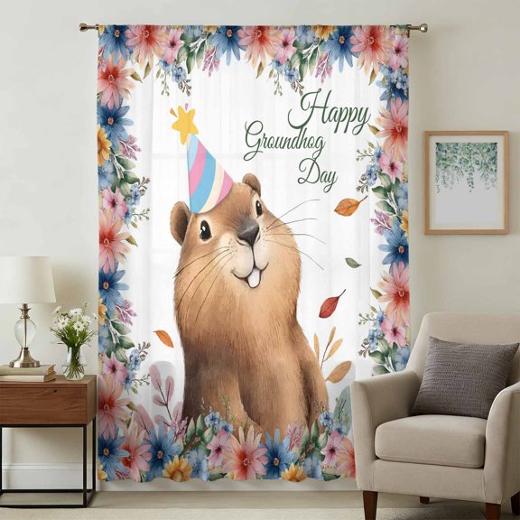 Happy Groundhog Day Sheer Curtains 45 Inches Long, Cute Ground Rat Flower Bushes Leaves Light Filering Curtains, Breathable Simi Curtain Privacy Drapes for Kitchen Bathroom Small Window Treatment