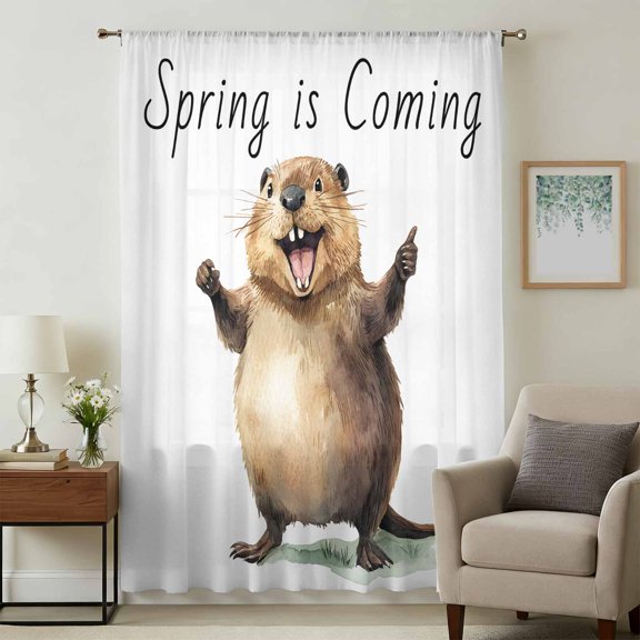 Happy Groundhog Day Sheer Curtains 45 Inches Long, Funny Cute Animal Spring Pastoral Light Filering Curtains, Breathable Simi Curtain Privacy Drapes for Kitchen Bathroom Small Window Treatment