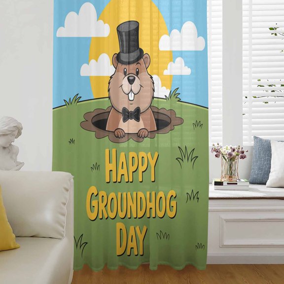 Happy Groundhog Day Sheer Curtains 45 Inches Long for Living Room/Bedroom, Cartoon Ground Hog Grass Sun Sky Blue Rod Pocket Voile Kitchen Curtains & Drapes Window Treatment 1 Panel, 52"W x 45"L