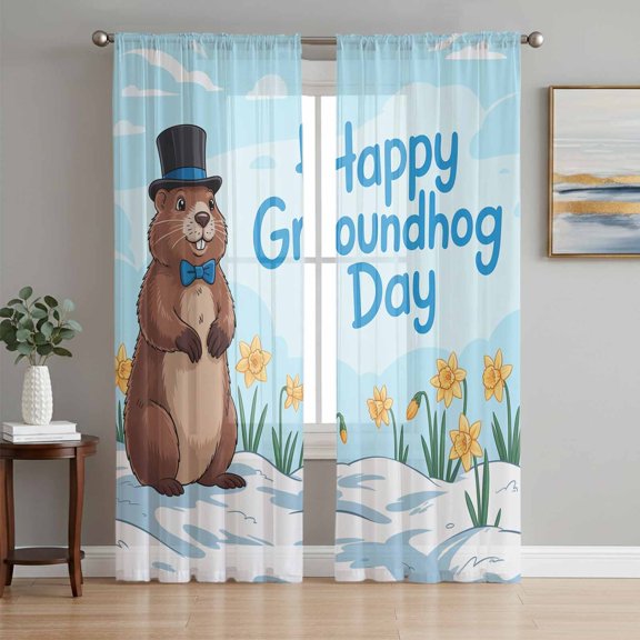Happy Groundhog Day Sheer Curtains 96 Inches Long 2 Panels Set, Window Sheer Curtains for Living Room/Bedroom, Cartoon Cute Ground Hog Flowers Sky Blue Light Filtering Rod Pocket Curtain 52''x96''x2