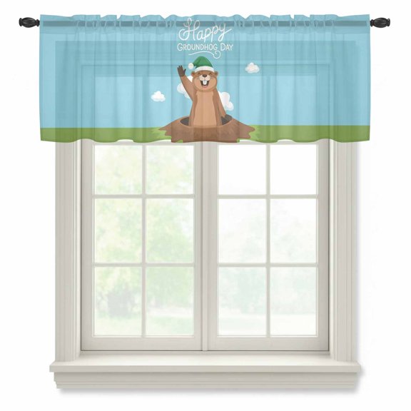 Happy Groundhog Day Sheer Curtains Valances for Windows Cartoon Ground Hog Hole Blue Sky Country Chiffon Kitchen Valances for Cafe, Voile Window Treatments Curtains for Living Room Bedroom, 42"x12"