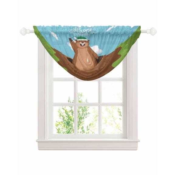 Happy Groundhog Day Sheer Waterfall Valance Curtains for Window, Cartoon Ground Hog Hole Blue Sky Country Rod Pocket Sheer Topper Swag Curtains for Living Room, Kitchen 38.5"W x 47.2"L, 1 Panel