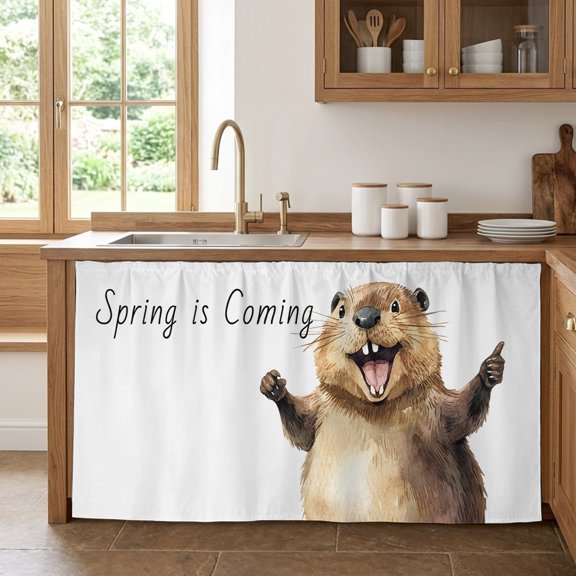 Happy Groundhog Day Sink Skirt Curtain 32''x55'', Funny Cute Animal Spring Pastoral Cabinet Door Curtain Pantry Utility Curtains, Bathroom Kitchen Laundry Privacy Drape Waterproof Dishwasher Curtains
