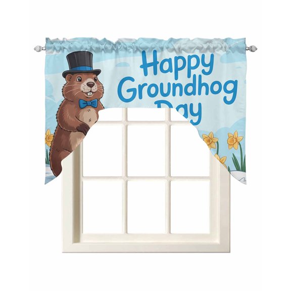 Happy Groundhog Day Swag Curtains for Kitchen Cartoon Cute Ground Hog Flowers Sky Blue Valances for Windows Rod Pocket Small Window Treatment Short Topper for Cafe Bedroom Bathroom Decor 56x36 Inch